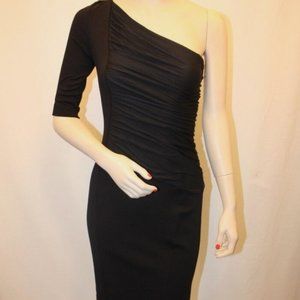 BCBG MaxAzria Black Rayon Shirred One Shoulder Ponte Mini Dress Size 0